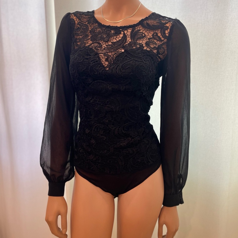 Love Black Fitted Bodysuit with Puff Sleeves